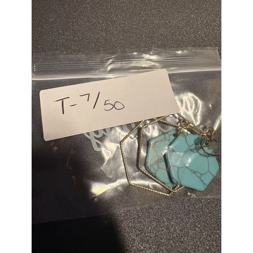 Gold Tone Turquoise Hexagon Dangle Drop Earrings